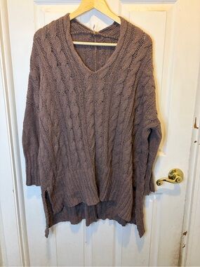 Free People Easy Cable-Knit V-Neck Oversized Sweater - Taupe
